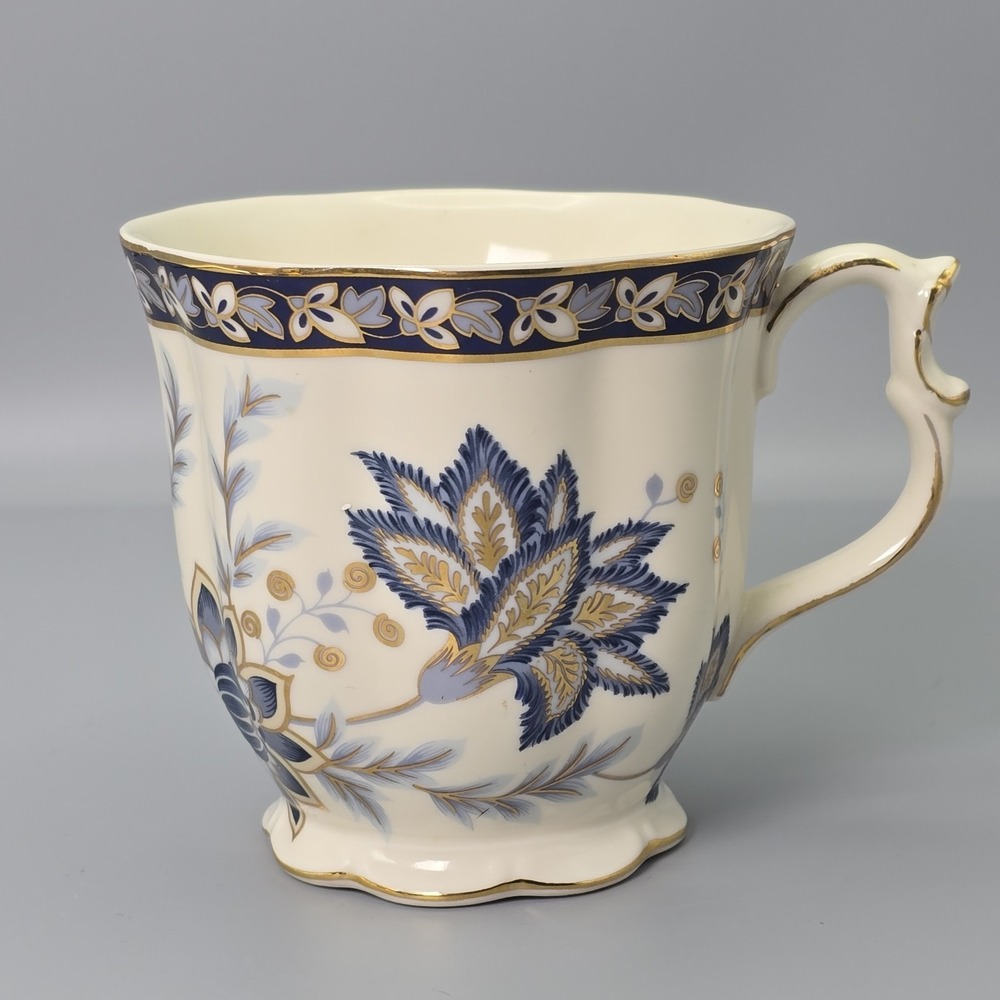 ND Exclusives Blue Cobalt & Gold Floral Porcelain Coffee Tea Mug Footed Cup